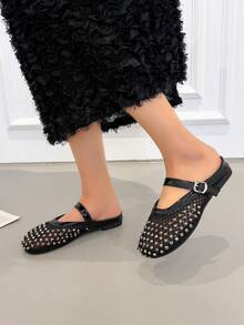 2026新款女士平底鞋，春季铆钉套脚鞋，高端女鞋，优雅玛丽珍鞋 - 黑色 - 查看 2