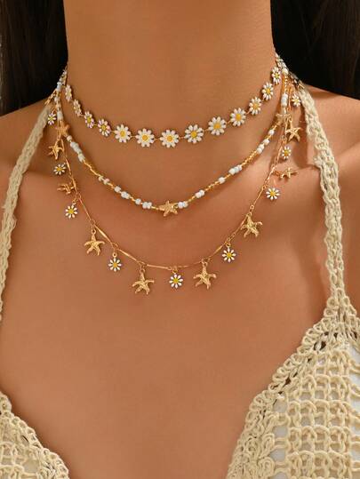 3件套可爱雏菊项链，百搭海星雏菊流苏串珠项链，时尚女士颈饰，适合日常佩戴、度假、派对和约会