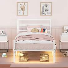Twin Bed Frame With Charging Station & LED Lights, Metal Platform Bed Frame With Heavy Duty Steel Slats, Bedroom Furniture, Easy Assembly, Black/ White - 查看 9