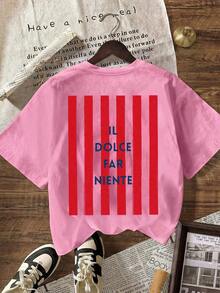 LA DOLCE Rosa Kontrast Gestreiftes Grafik T-Shirt, Sommer für Frauen, Urlaub & Strand, Lässig Rundhals Kurzarm T-Shirt in Große Größen - Aprikosenfarben - Übersicht 2
