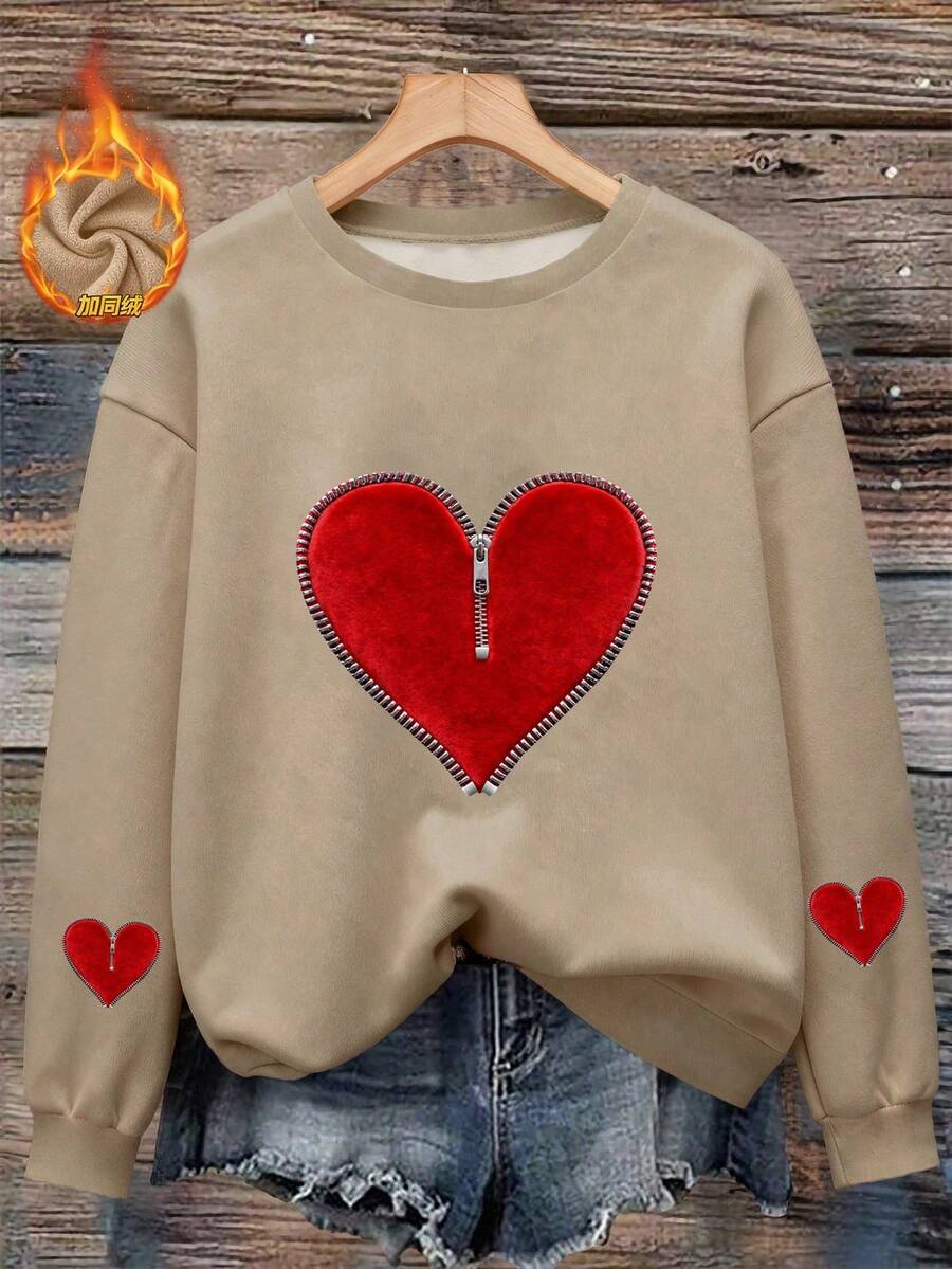 Women's Casual Dropped Shoulder Crew Neck Long Sleeve Sweatshirt With Heart Pattern, Spring - White - View 1