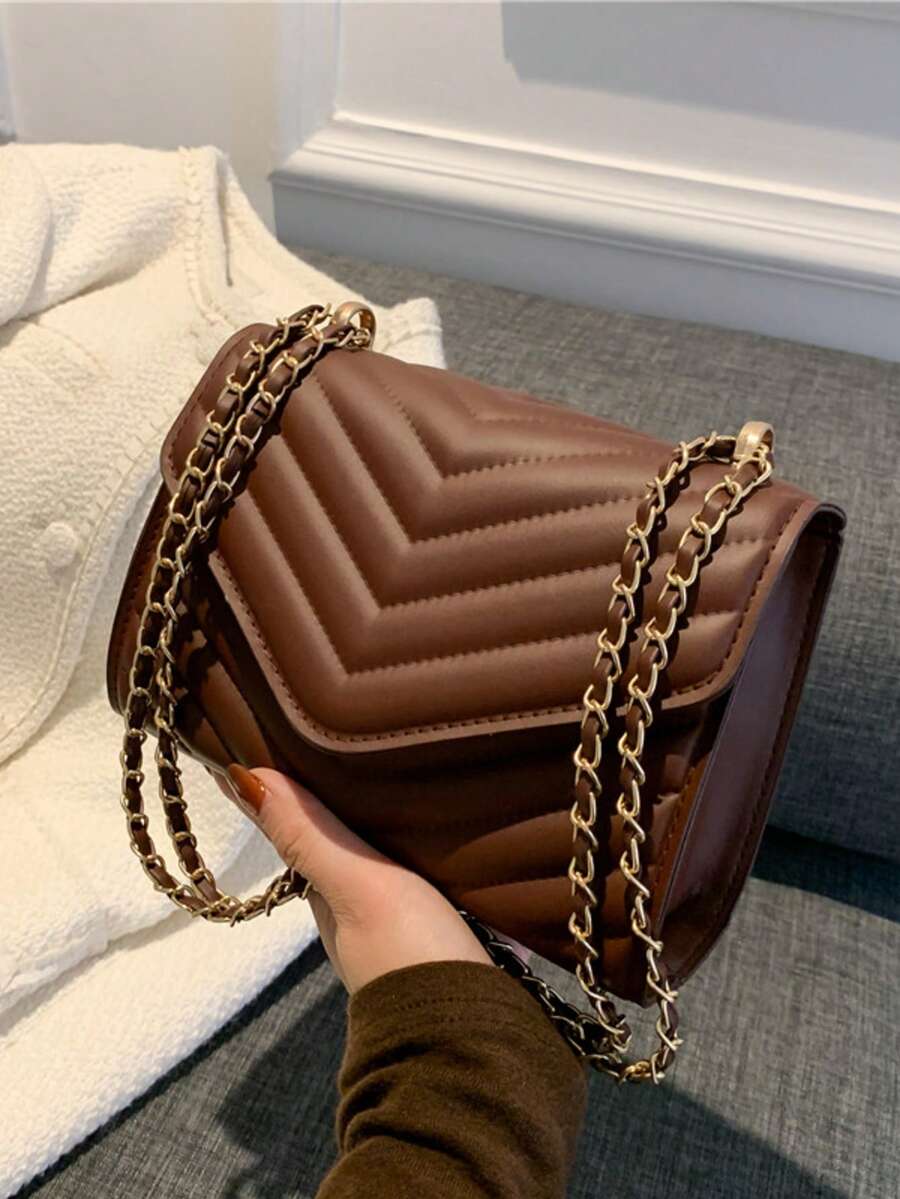 Women's Fashionable Crease Mini Chain Shoulder Bag For Daily Commute - Brown - View 1