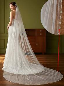 1件3米长闪亮手工串珠新娘头纱，适合搭配婚纱和教堂式婚礼 - 米色 - 查看 4