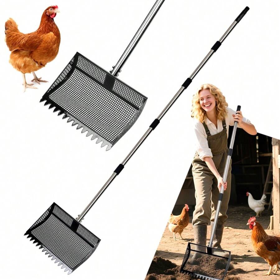 1pc 12-Inch Large Shovel And Rake 2-In-1, Metal Shovel Head With 36 To 75 Inch Adjustable Stainless Steel Handle, Sand Dirt Debris Sifting Shovel For Farm Animals - Black Chicken Manure Shovel - View 1