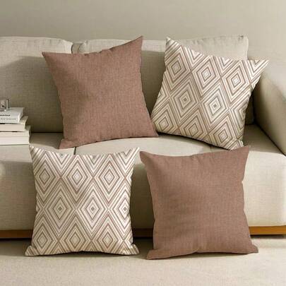 2pcs/4pcs Bohemian Diamond Geometric Pattern + Solid Color Printed Throw Pillow Case, Suitable For Sofa, Bed, Chair, Available In 30X50cm, 45x45cm, Without Pillow Insert, Simple Gift, Sofa Cushion, Star, Decorative Style, Prayer Rug, Easy To Use, Suitable For Valentine's Day, New Year, Ramadan