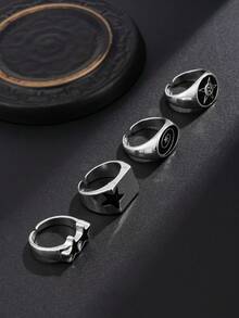 4pcs/Set Black & White Star Punk Style Adjustable Rings Set, Includes Square Ring & Oval Ring, Unique Design, Suitable For Teens, Students - Silver - View 3