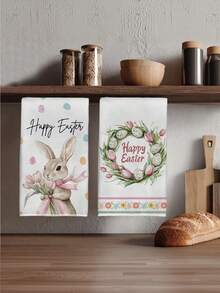 1/2/4条装厨房毛巾，复活节粉色兔子郁金香花环图案超细纤维厨房毛巾，柔软厨房布，适用于餐厅厨房，节日礼物 - 粉色 - 查看 1