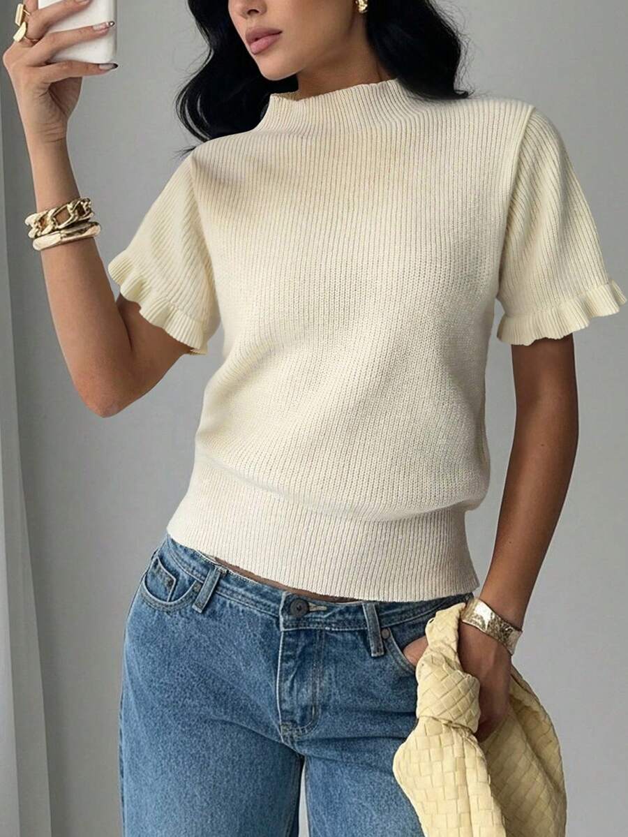 VIBEWAVE Spring High Neck Knit Short Sleeve Undershirt, Women's Casual Commuter Top - Beige - View 1