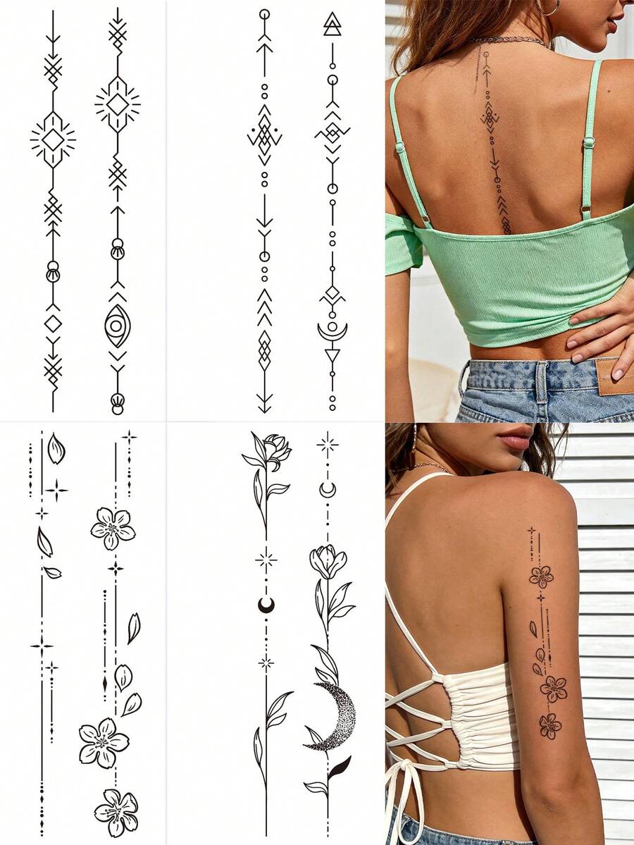 黑色条纹脊椎纹身贴纸，饰以简约星形元素、几何线条、日月星辰和莲花图案。临时纹身贴纸，适合DIY嘉年华、情人节、派对节日礼物，可贴于脊椎、胸部、腰部和腹部。防水纹身贴纸。 - 黑色 - 查看 1