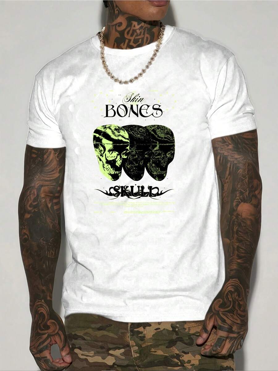 Top PickLocalMen'S Streetwear T-Shirt - 100% Cotton Loose Fit Short Sleeve With & Skulls Graphic Print, Round Neck Casual Summer Tee For Daily & Outdoor Wear, Street Style Clothing | Edgy Streetwear | - 黃色 - 查看 1