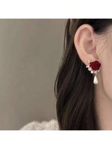 1 Pair Red Rose Faux Pearl With Rhinestone Dangle Earrings - Red - View 4