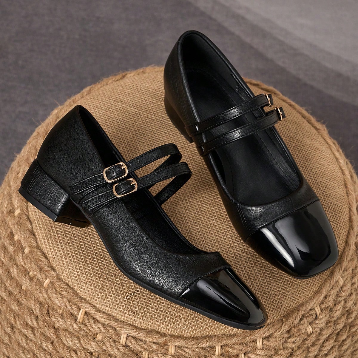 Zapatos de tacón grueso de 3 cm con patchwork de metal negro y tela, estilo Mary Jane, versátiles y con estilo