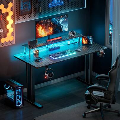 DLONGONE Gaming Desk With LED Lights & Power Outlet, Computer Gamer Desk With Monitor Stand, Ergonomic Carbon Fiber Gaming Table Home Office Desk With Cup Holder, Headphone Hook & Mouse Pad,Black