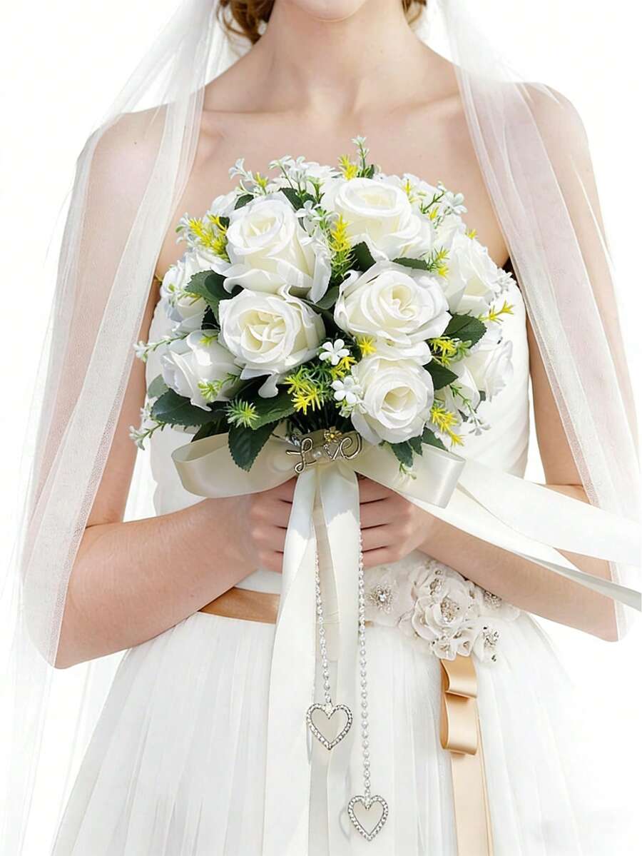 Bó hoa cưới cho cô dâu, hoa cưới màu trắng cho cô dâu và phù dâu với ruy băng lụa và đá quý, hoa hồng nhân tạo để tung trong lễ cưới. - Nhiều màu - Xem 1