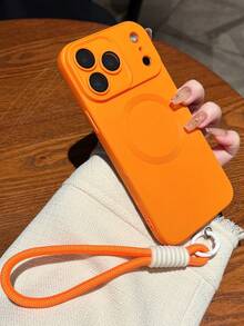 时尚哑光磁吸手机壳，带腕带，兼容 17 Pro Max、17 Pro、17 Air、17、16、15、14 Plus、13、12、11 Pro Max，玻璃镜片，支持无线充电保护套 - 橘色+繩 - 查看 5