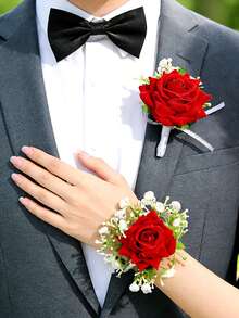 康乃馨玫瑰胸针及纽扣套装，人造花腕花，舞会礼服花环，新郎胸花，婚礼花卉装饰，舞会礼服配饰 - 彩色 - 查看 6