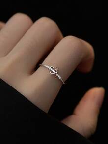 HuooNew Fashionable 925 Sterling Silver Heart-Shaped Cubic Zirconia Adjustable Single Ring, Suitable For Women's Daily Wear - Silver - View 4
