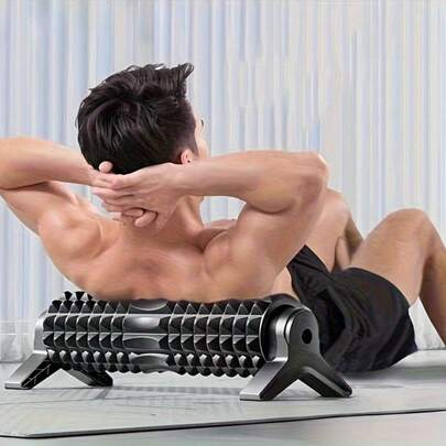 1个手动瑜伽滚筒，黑色纹理EVA泡沫按摩及姿势矫正滚筒，适用于家庭健身房、瑜伽、普拉提，便携式PP材质