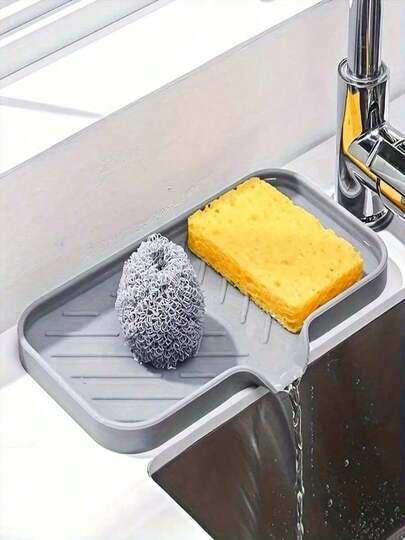 1pc Silicone Drain Rack,Kitchen Sink Splash Guard - Silicone Faucet Handle Drip Filter Tray, Dishwashing Soap Dispenser, And Sponge Holder Pad Behind The Faucet, Kitchen Small Tool Sink Accessories Suitable For Kitchen Countertops And Bathrooms