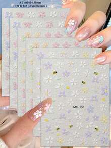 3/6 Sheets 5D Embroidery Flower Nail Stickers Pastel Daisy Bee Nail Art Decals For Spring Summer DIY Manicure - Multicolor - View 13
