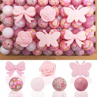 25/32/33pcs Pink Bow Silicone Bead Set - Pink Flower & Bow Design - Suitable For DIY Crafting Keychains, Necklaces, Bracelets, Decorative Pens, Jewelry And Pendants - Great For Holiday & Birthday Gifts