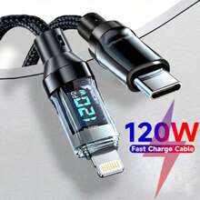 120W LED Digital Display Data Cable, USB To Lightning Cable, Type-C To Lightning Fast Charging Cable, Compatible With IPhone 14 Pro Max/14 Pro/14 Plus/14/13 Pro Max/13 Pro/13 Plus/13/12, Earphones, Tablets - Black - View 2