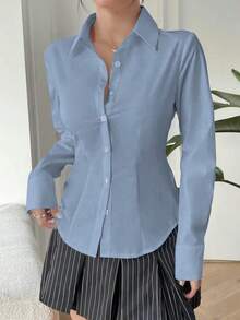 Women's Light Blue Polyester Shirt, Long Sleeve Collared Shirt, Regular Fit Button-Up Top, Non-Stretch Fabric, Suitable For Office Wear Spring - Blue - View 2