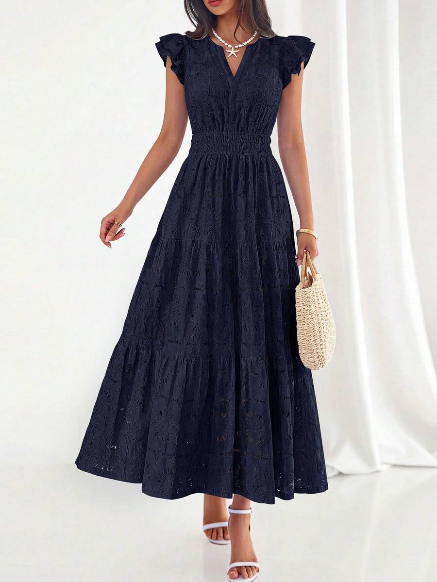 Womens Boho Maxi Dresses  Summer Floral Lace Eyelet V Neck Spring Wedding Guest Dress Beach Vacation Clothes - 藏蓝色 - 查看 1