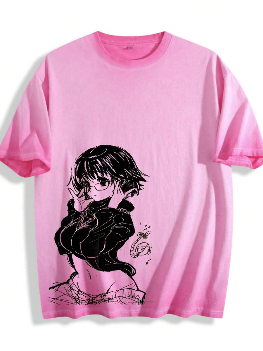Anime Retro Cotton Washed Cotton T-Shirt - Loose Retro Geometric Pattern Art Round Neck Casual Street Style, Machine Washable Anime T-Shirt  Halloween    Summer    None - 髒洗玫紅色 - 查看 1