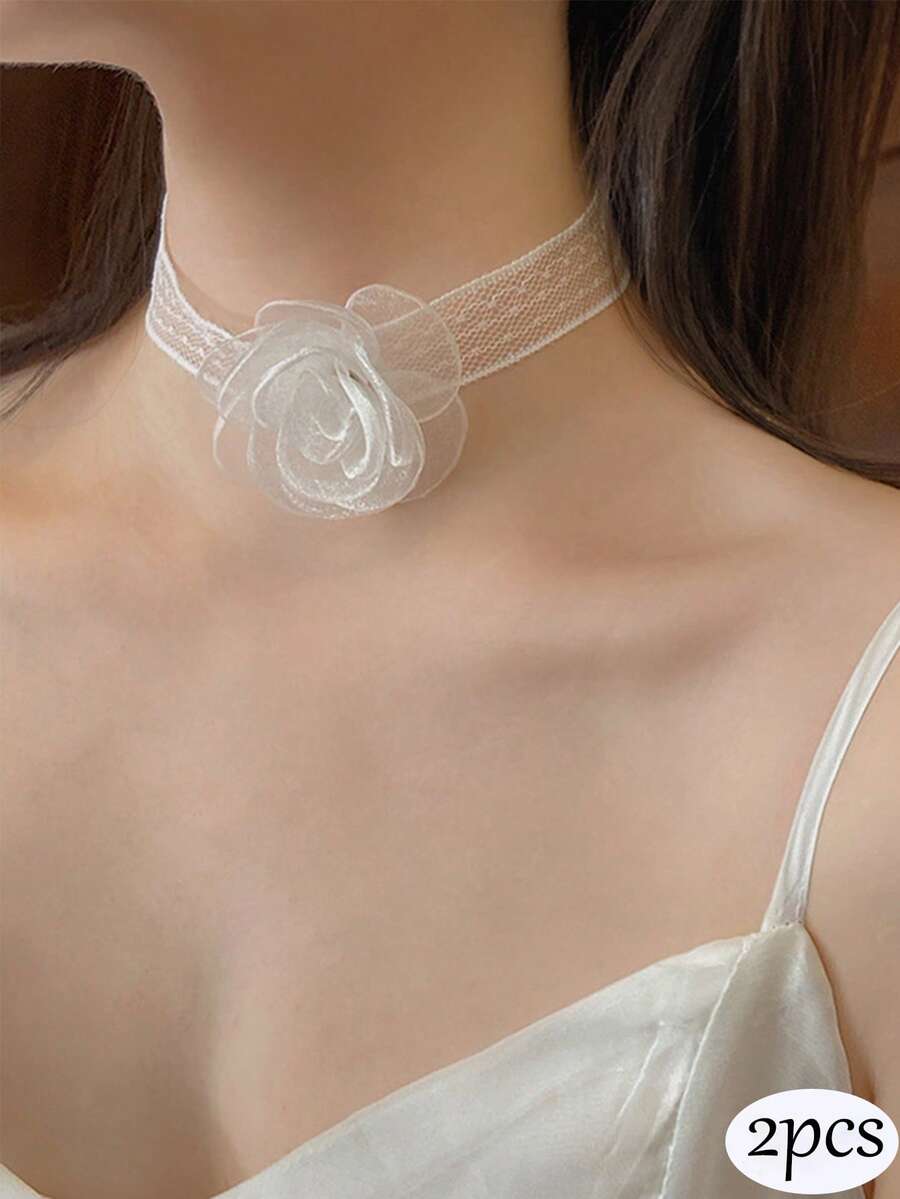 2pieces/1piece-Lace Sexy Butterfly Camellia Headband Retro High-End Headband Collar Neck Strap Helper Strap. - Multicolor - View 1