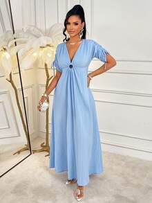 Amarilo Elegant & Sexy Textured Fabric Cutout A-Line Midi Dress With Deep V-Neck & Drawstring Sleeves, Ideal For Parties, Vacations & Dates - Light Blue - View 5