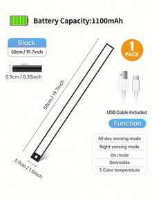 1个LED人体感应橱柜灯，无线磁吸式USB充电厨房夜灯，电池供电，适用于橱柜、衣柜、楼梯、走廊、架子 - 3种灯光颜色可选，尺寸：7.87英寸/11.8英寸/15.7英寸/19.7英寸