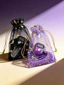 1/2/5 Set Elegant Gold Foil Star & Moon Organza Bag With Tasbih (Dhikr Counter) Set, Ramadan Gift Set, Portable Tasbih | Dhikr Counter For Ramadan - D-Silver - View 12