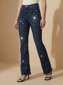 pthirillo Women's Dark Blue Flare Jeans With Butt-Lifting, High Waist, And Rhinestone Detail - Premium Rhinestone Jeans - 鏡子標誌 - 查看 1