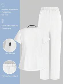V-Neck Pocket Short Sleeve Top And Pocket Long Pants Pajama Set (Slightly Transparent) - White - View 2