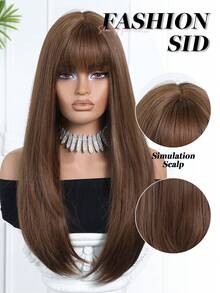 26 Inch Heat Resistant Synthetic Machine Wefted Bangs Wig, Elegant Style, Naturally Fluffy And Soft Heat Resistant Synthetic Full Machine Wefted Wig, Suitable For Daily Wear, Music Festivals, Parties, Cosplay, Also A Great Gift For Friends - Brown - View 2