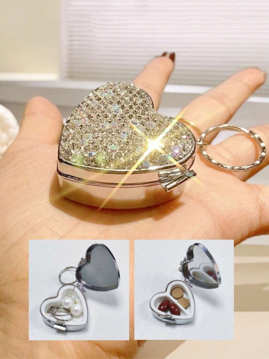 1 buah Kotak Penyimpanan Kosmetik Rhinestone Buatan yang Sangat Menarik dan Berkilau dengan Gantungan Kunci, Organizer Perhiasan Portabel, Dispenser Pil & Vitamin, Hadiah Kreatif