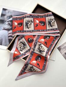 1条双面纯色围巾，马链印花，女士缎面领巾，可搭配连衣裙、短裤、腰带、包包、帽子、丝带腰带 - 紅色馬 - 查看 3