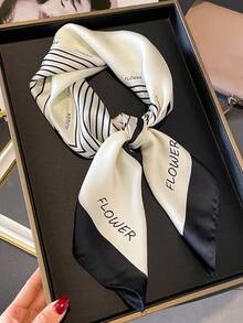 1pc Faux Silk Simple Geometric Print 70cm Square Scarf, Men's Bandana, Versatile Neck Scarf, Head Wrap - Black and White - View 5