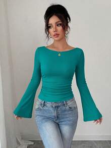 Women's Spring Fall Long Sleeve Shirts Crop Going Out Tops Casual Boat Neck Bell Sleeve Ribbed Ruched Y2K Clothes - Deep Blue - View 1