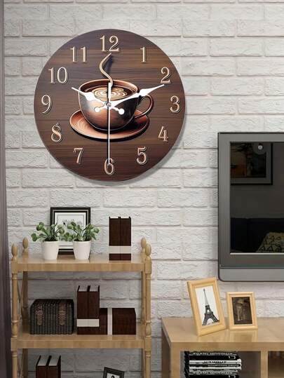 Fashionable Gold Coffee Theme Silent Quartz Wall Clock - Round Wooden Design With Brown And Gold Accents, Perfect For Living Room, Bedroom, Kitchen And Office Decor (Batteries Not Included), Bedroom Wall Clock | Wooden Wall Clock | Classic Aesthetics