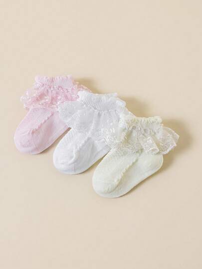 3 Pairs Girls' Solid Color Simple Lightweight Pleated Lace Trim Socks, Fashion Breathable Lace Princess Socks, Soft & Comfortable Casual Versatile Socks, Suitable For Daily Wear, Parties, Back To School, Holidays, Dance Performances, Matching Princess Dresses