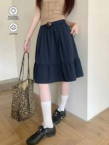 Japanese Style Casual Black A-Line Skirt With Pockets, Minimalist Design, Age-Reducing Skirt Spring - Navy Blue - View 5