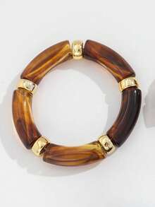 4件套复古简约优雅树脂亚克力棕色弹力手链和金色条纹光滑开口手镯套装，适合女性日常佩戴、节日礼物、可叠戴，2025新款 - 多色5 - 查看 5