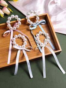 1/4 件装 女孩大号仿珍珠丝带蝴蝶结发圈，可爱新款丝带蝴蝶结流苏发绳发圈，优雅珍珠马尾辫发饰，适合节日派对和日常使用 - 彩色 - 查看 3