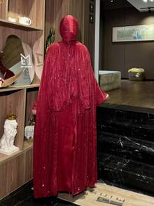 闪亮优雅褶皱披肩长袍，时尚反光面料晚礼服，适合各种派对和庆典，穆斯林女装 - 紅色 - 查看 4