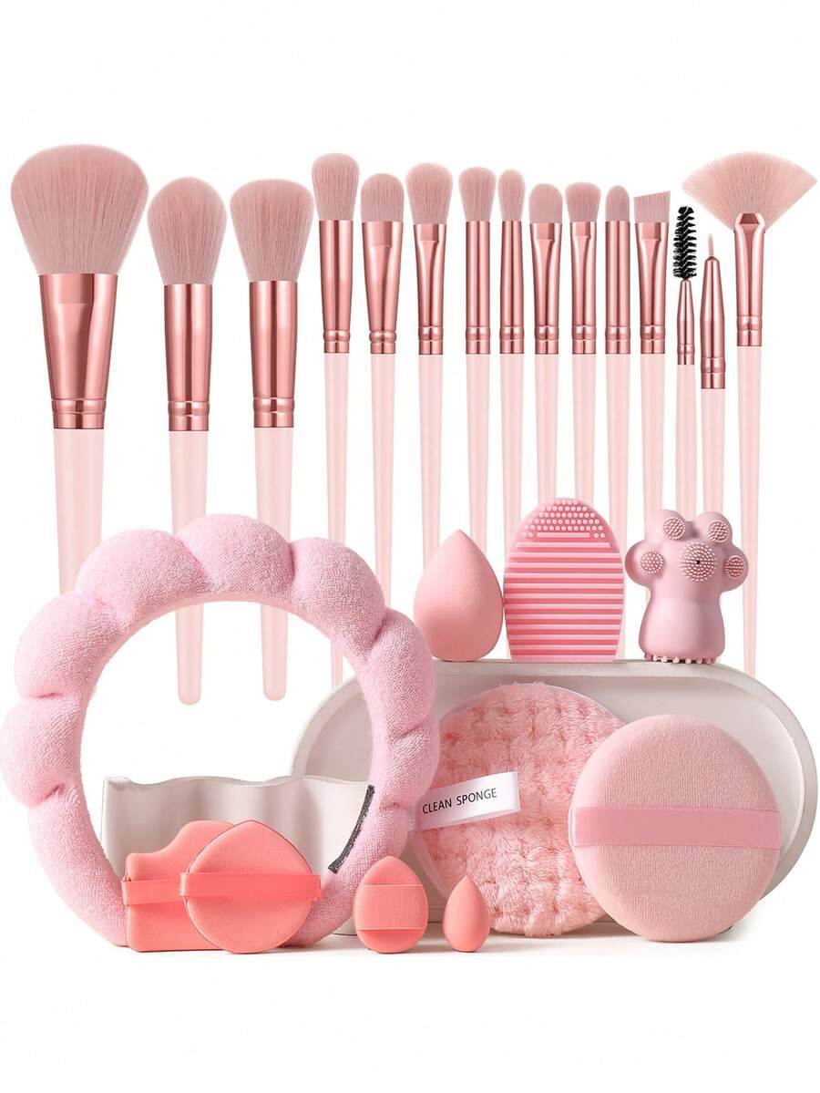 25PCS Makeup Tools Set Including:15PCS Makeup Brush Set+1pc Makeup Sponges+1pc Mini Makeup Sponges+2PCS Air Cushion Powder Puff+1pc Mini Air Cushion Powder Puffs+1pc Hairband+1pc Makeup Brush Cleaning Tools+1pc Facial Cleansing Sponges+1pc Circular Powder Puffs+1 Pc Silicone Cat Paw Face Brush - Pink - View 1