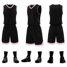 2pcs Personalized Basketball Jersey- Club Name,Number&Logo Print Tank Top+Shorts Sports Set ,Ideal Gifts For Family,Friends,For Competition. Black - Black - View 3