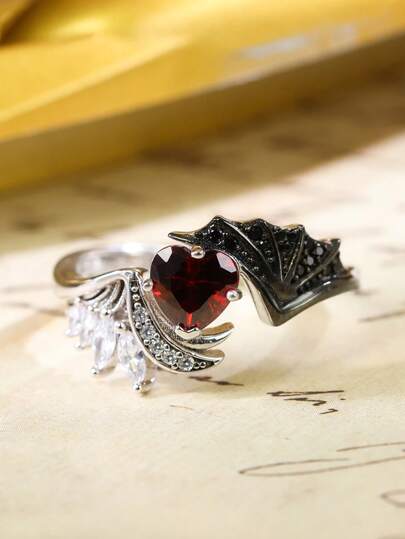 1pc S925 Silver Wing Heart Ring With Garnet Main Stone, Personalized Luxury, Suitable For Halloween, All Saints' Day Party, Holiday, Gift For Friends