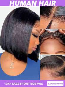 漂白打结波波头假发，真人发，13x4蕾丝前额，短直发，适合，真人发，预先拔毛，侧分，150%/200%密度，黑色，8、10、12、14、16英寸 - Natural Black - 查看 3